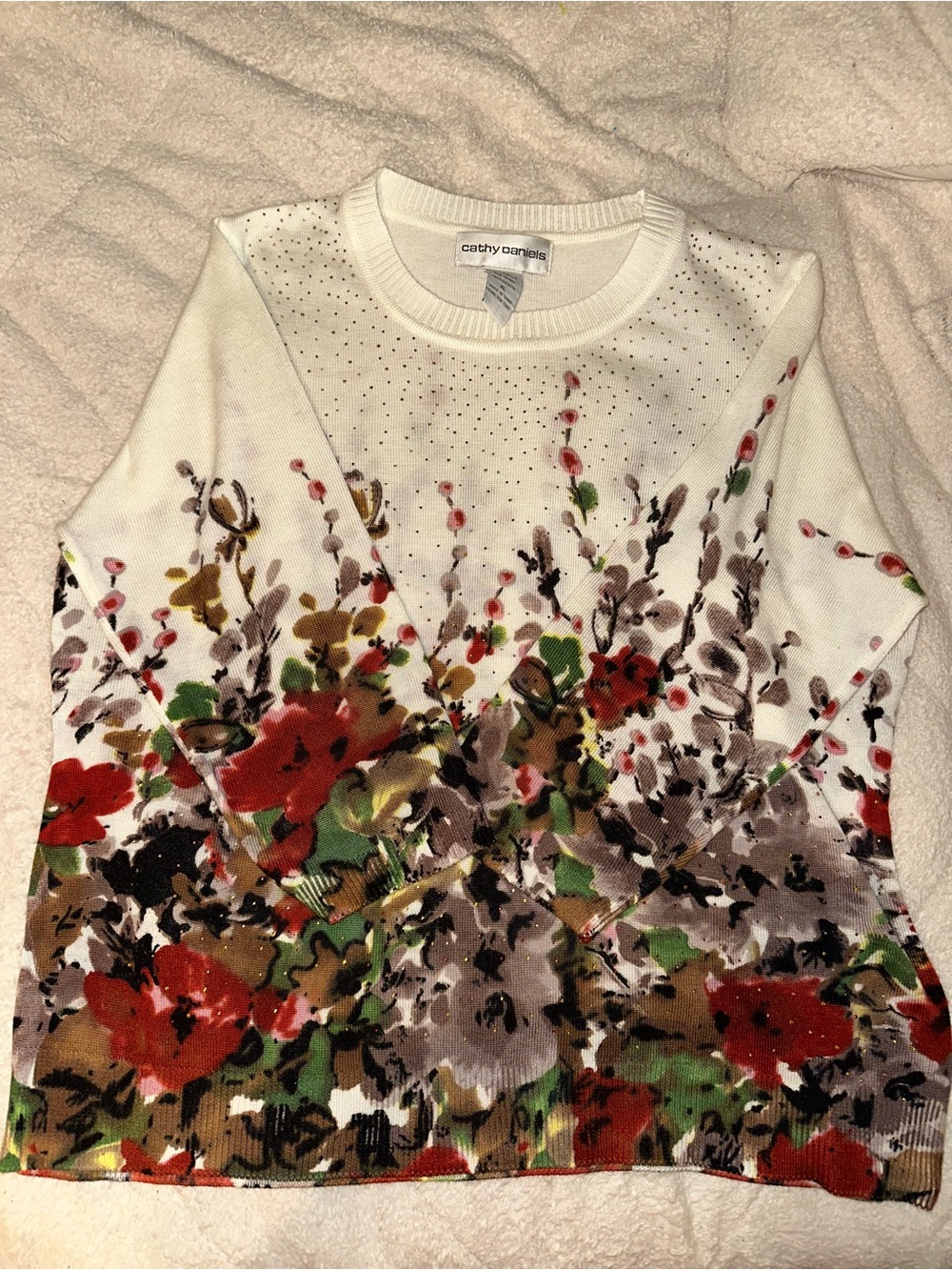 Cathy Daniels White Floral Rhinestone Crewneck Sweater
